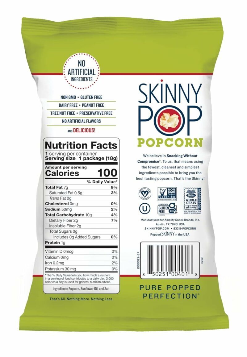 SkinnyPop Original Popcorn, Individual Snack Size Bags, Skinny Pop, Healthy Popcorn Snacks, Gluten Free, 0.65 Ounce (Pack of 30) - Image 2