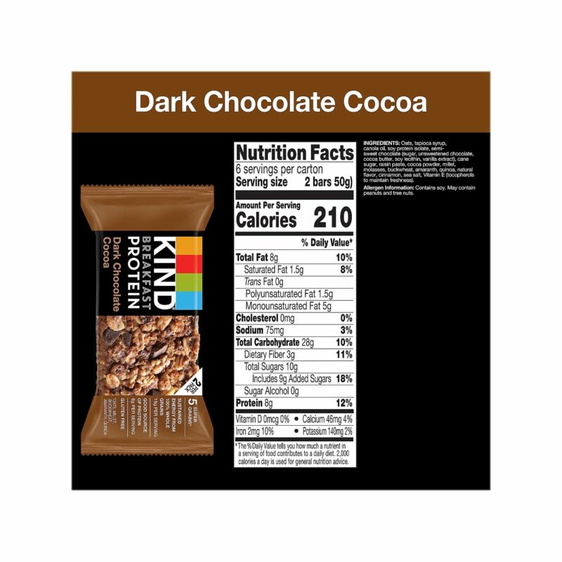 KIND Breakfast, Healthy Snack Bar, Dark Chocolate Cocoa, Gluten Free Breakfast Bars, 8g Protein, 1.76 OZ Packs (6 Count) - Image 2