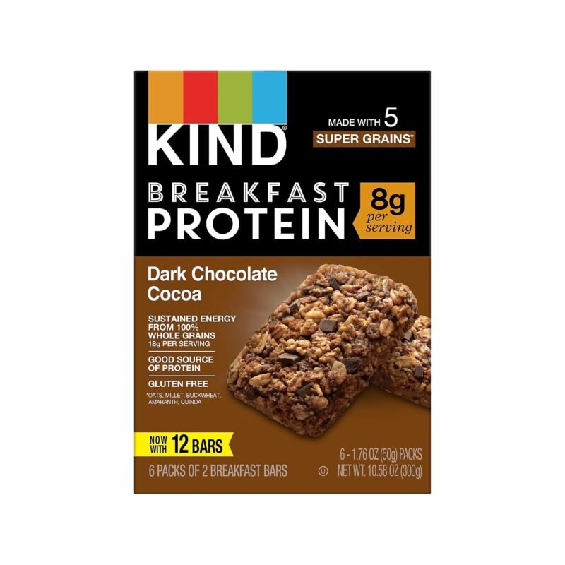 KIND Breakfast, Healthy Snack Bar, Dark Chocolate Cocoa, Gluten Free Breakfast Bars, 8g Protein, 1.76 OZ Packs (6 Count)