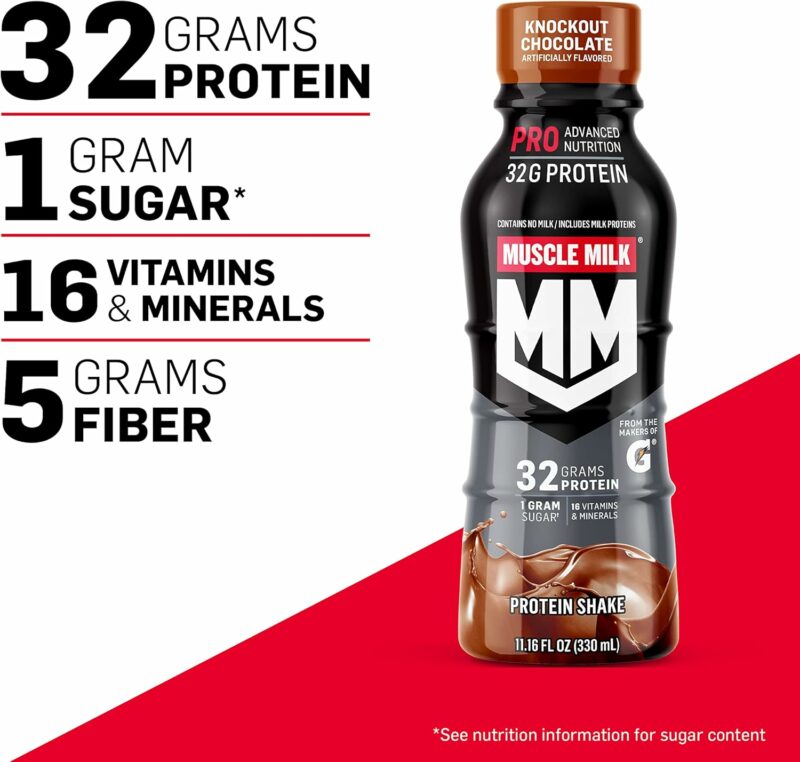 Muscle Milk Pro Advanced Nutrition Protein Shake, Knockout Chocolate, 11.16 Fl Oz (Pack of 12), 32g Protein, 1g Sugar, 16 Vitamins & Minerals, 5g Fiber, Workout Recovery, Energizing Snack, Packaging May Vary - Image 2