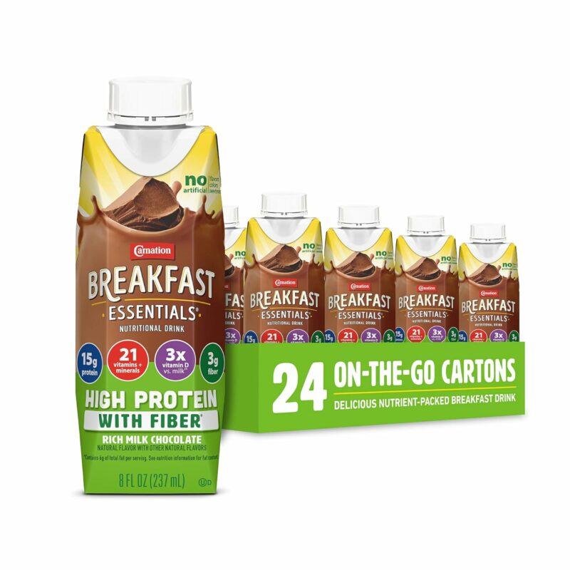 Carnation Breakfast Essentials High Protein with Fiber Ready-to-Drink, 8 FL OZ Carton, Rich Milk Chocolate (Pack of 24) (Packaging May Vary)