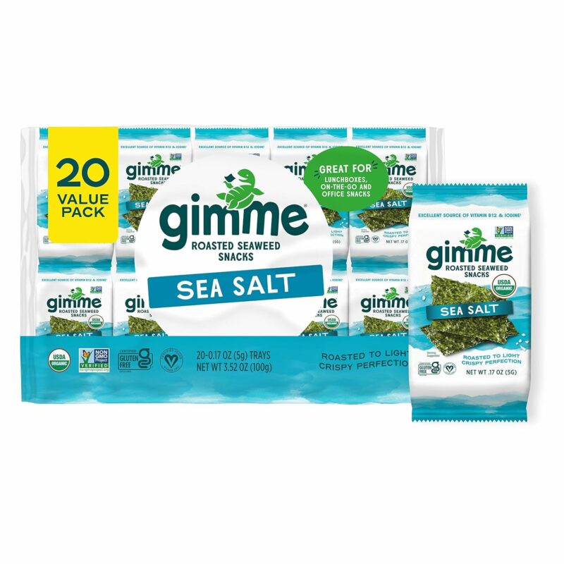 gimMe Organic Roasted Seaweed Sheets, Sea Salt, Keto, Vegan, Gluten Free, Great Source of Iodine and Omega 3’s, Healthy On-The-Go Snack for Kids & Adults, #1 Sea Salt, 0.17 Ounce (Pack of 20)