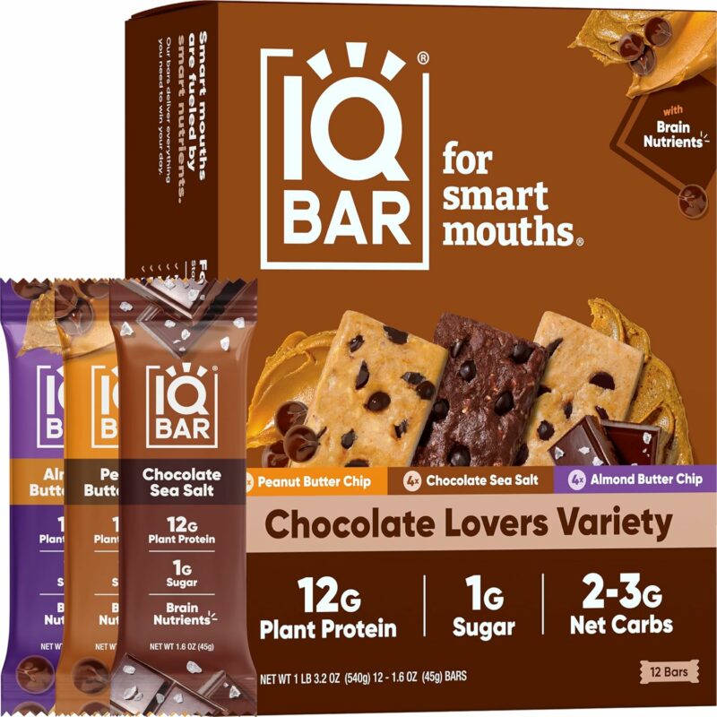 IQBAR Brain and Body Plant Protein Bars - Chocolate Lovers Variety - 12-Count Low Carb - Gluten Free, High Fiber, Vegan Snacks - Low Sugar Meal Replacement