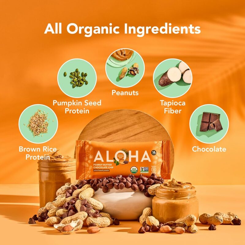 ALOHA Organic Plant Based Protein Bars |Peanut Butter Chocolate Chip | 1.98 Oz (Pack of 12) | Vegan, Low Sugar, Gluten Free, Paleo, Low Carb, Non-GMO, Stevia Free, Soy Free, No Sugar Alcohols - Image 3