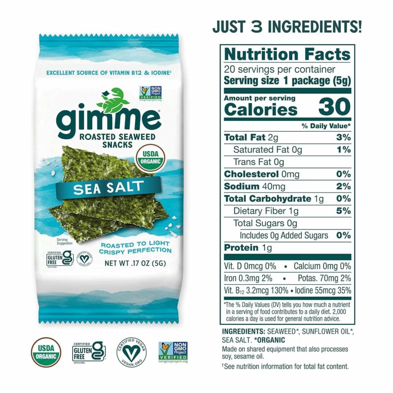 gimMe Organic Roasted Seaweed Sheets, Sea Salt, Keto, Vegan, Gluten Free, Great Source of Iodine and Omega 3’s, Healthy On-The-Go Snack for Kids & Adults, #1 Sea Salt, 0.17 Ounce (Pack of 20) - Image 6