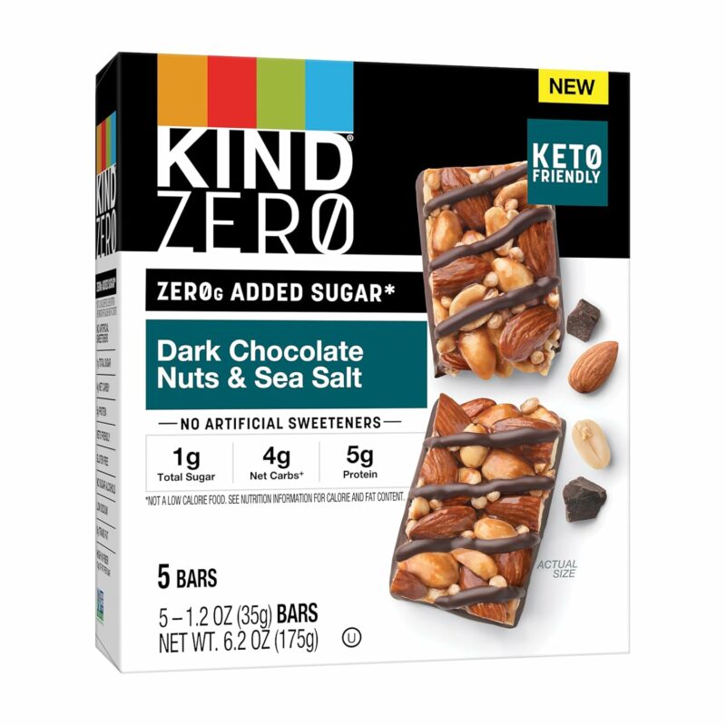 KIND ZERO Added Sugar Bars, Keto Snack, Dark Chocolate Nuts and Sea Salt, Good Source of Fiber, Gluten Free, Low Sugar, 5g Protein, 5 Count