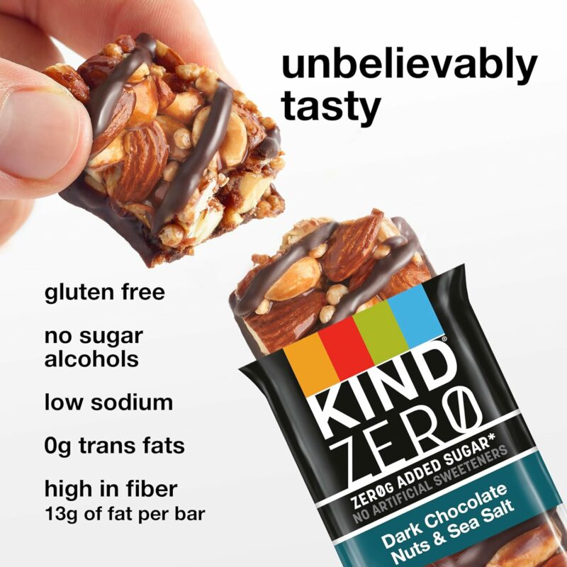 KIND ZERO Added Sugar Bars, Keto Snack, Dark Chocolate Nuts and Sea Salt, Good Source of Fiber, Gluten Free, Low Sugar, 5g Protein, 5 Count - Image 6