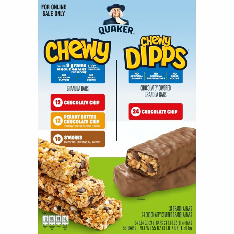 Quaker Chewy Granola Bars, Chewy & Dipps 4 Flavor Variety Pack, 58 Pack, Chocolate Chip, Peanut Butter Chocolate Chip, Smores flavors - Image 2