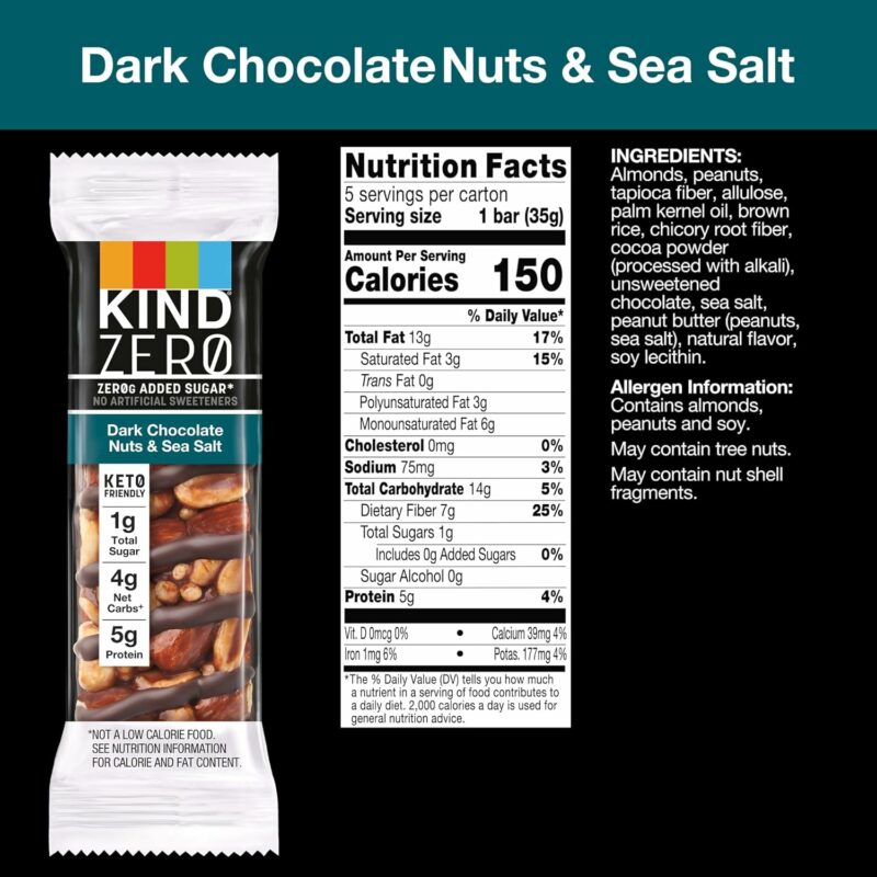 KIND ZERO Added Sugar Bars, Keto Snack, Dark Chocolate Nuts and Sea Salt, Good Source of Fiber, Gluten Free, Low Sugar, 5g Protein, 5 Count - Image 4