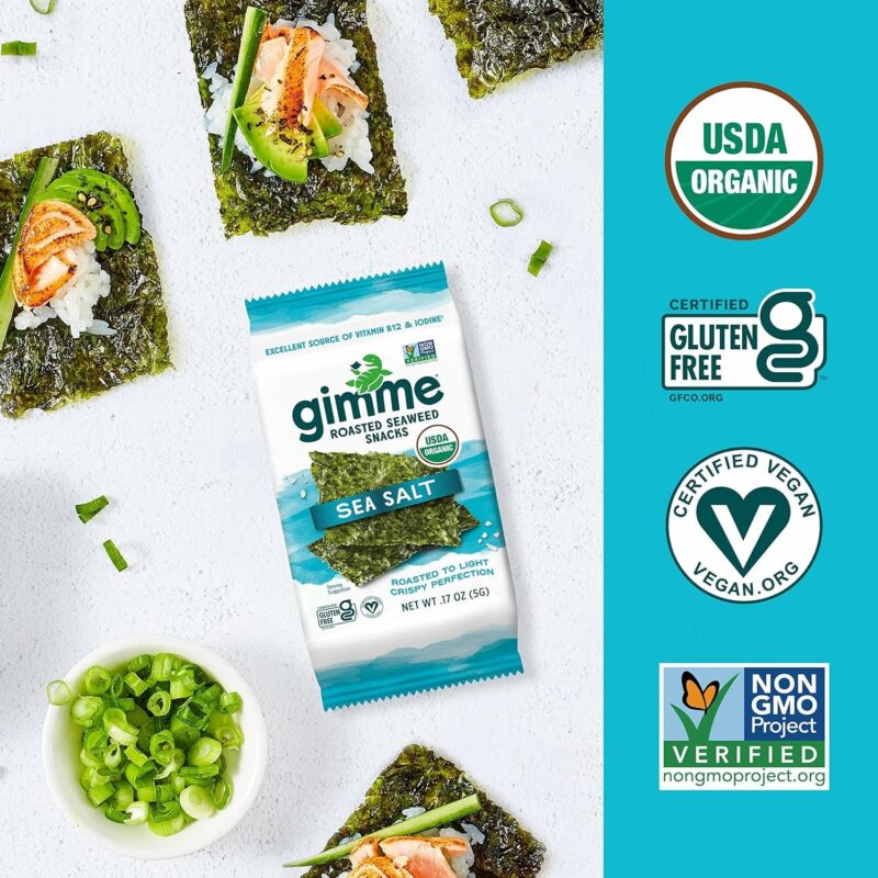 gimMe Organic Roasted Seaweed Sheets, Sea Salt, Keto, Vegan, Gluten Free, Great Source of Iodine and Omega 3’s, Healthy On-The-Go Snack for Kids & Adults, #1 Sea Salt, 0.17 Ounce (Pack of 20) - Image 4