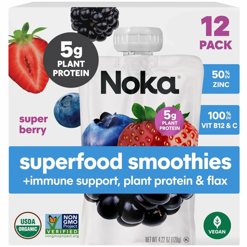 Noka Superfood Fruit Smoothie Pouches, Super Berry with Immune Support, Healthy Snacks with Elderberry, Flax Seed, Plant Protein, and Prebiotic Fiber, Gluten Free and Vegan, 4.22 oz, 12 Count - Image 2