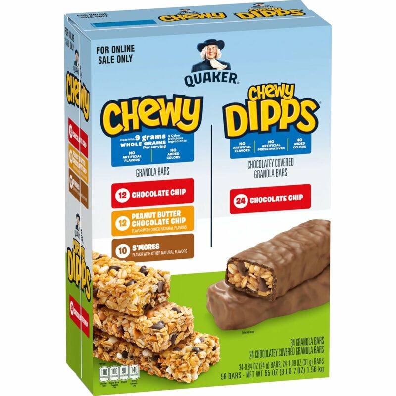 Quaker Chewy Granola Bars, Chewy & Dipps 4 Flavor Variety Pack, 58 Pack, Chocolate Chip, Peanut Butter Chocolate Chip, Smores flavors