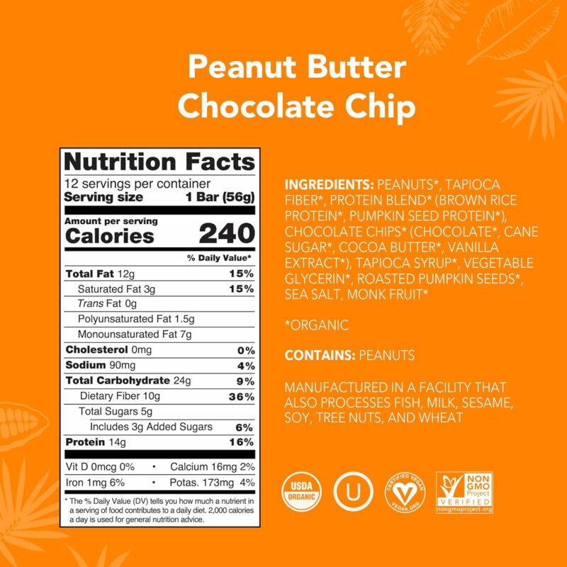 ALOHA Organic Plant Based Protein Bars |Peanut Butter Chocolate Chip | 1.98 Oz (Pack of 12) | Vegan, Low Sugar, Gluten Free, Paleo, Low Carb, Non-GMO, Stevia Free, Soy Free, No Sugar Alcohols - Image 2