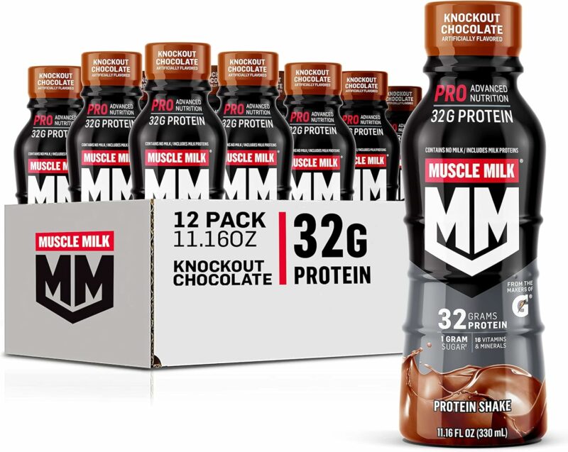 Muscle Milk Pro Advanced Nutrition Protein Shake, Knockout Chocolate, 11.16 Fl Oz (Pack of 12), 32g Protein, 1g Sugar, 16 Vitamins & Minerals, 5g Fiber, Workout Recovery, Energizing Snack, Packaging May Vary