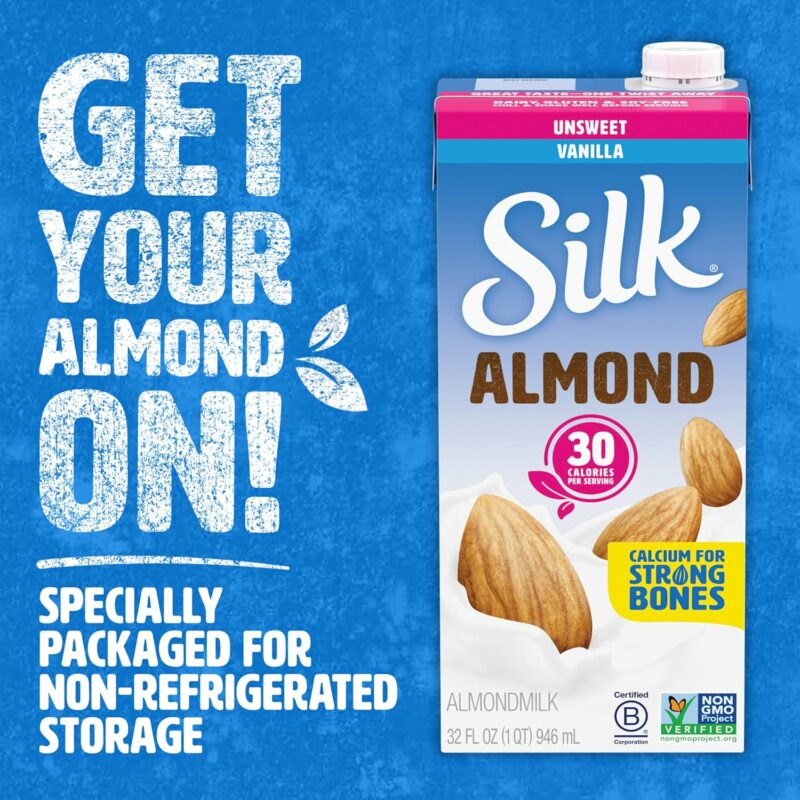 Silk Shelf-Stable Almond Milk, Unsweetened Vanilla, Dairy-Free, Vegan, Non-GMO Project Verified, 1 Quart (Pack of 6) - Image 3