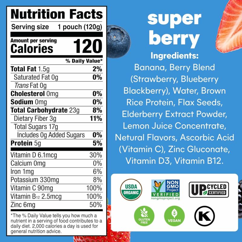 Noka Superfood Fruit Smoothie Pouches, Super Berry with Immune Support, Healthy Snacks with Elderberry, Flax Seed, Plant Protein, and Prebiotic Fiber, Gluten Free and Vegan, 4.22 oz, 12 Count - Image 7